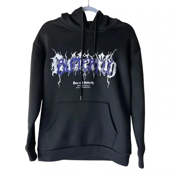 ROMWE Grunge Punk Roses & Butterfly Drawstring Hoodie with Kangaroo Pocket Sz SM - Picture 7 of 12